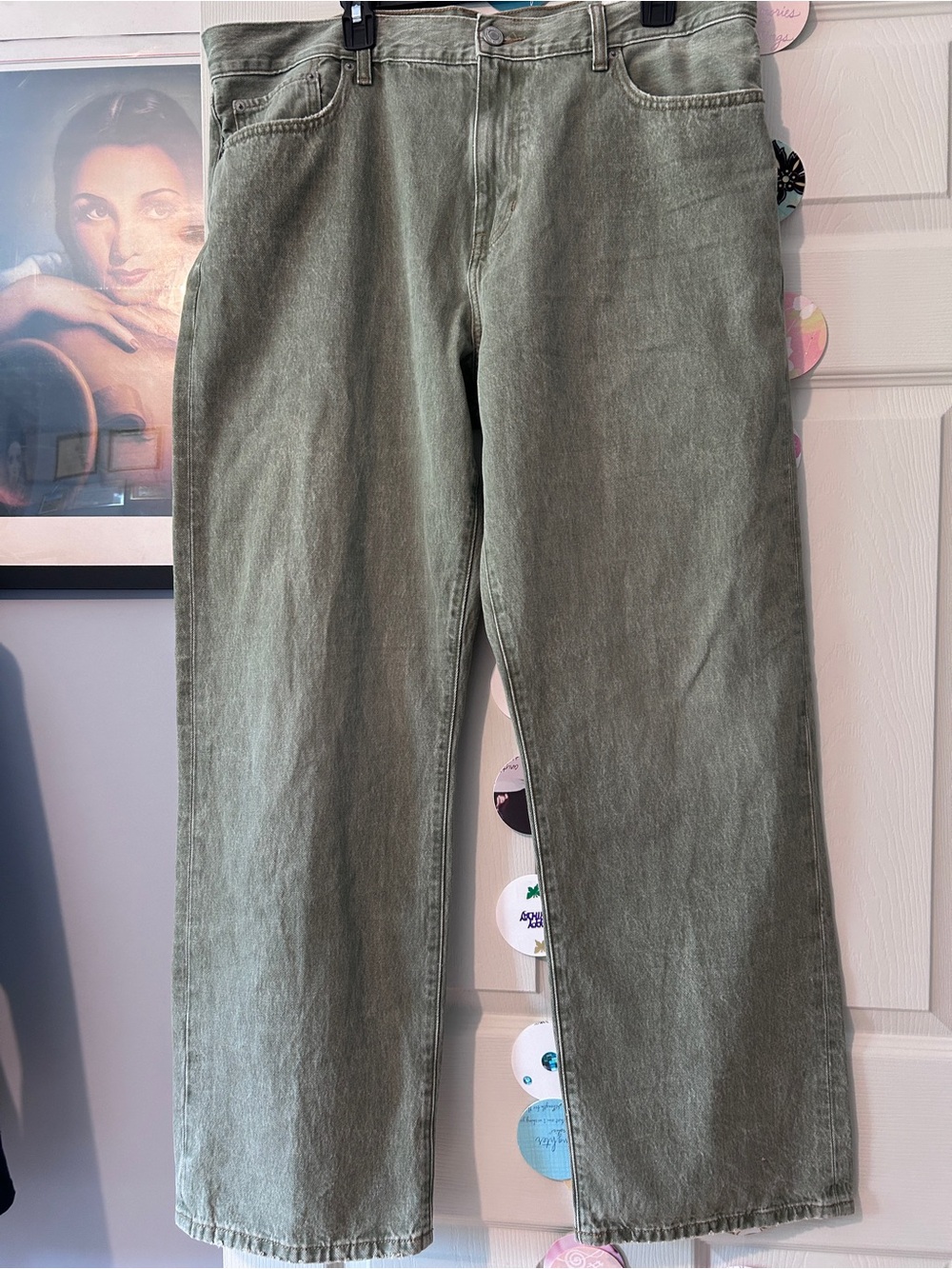 Pacific Sunwear Olive Green Denim Jeans with Tan Leather Patch
